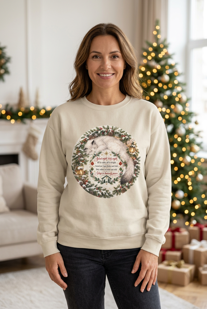 Person wearing the cream Silent Night Christmas cat crewneck sweatshirt beside a decorated Christmas tree.