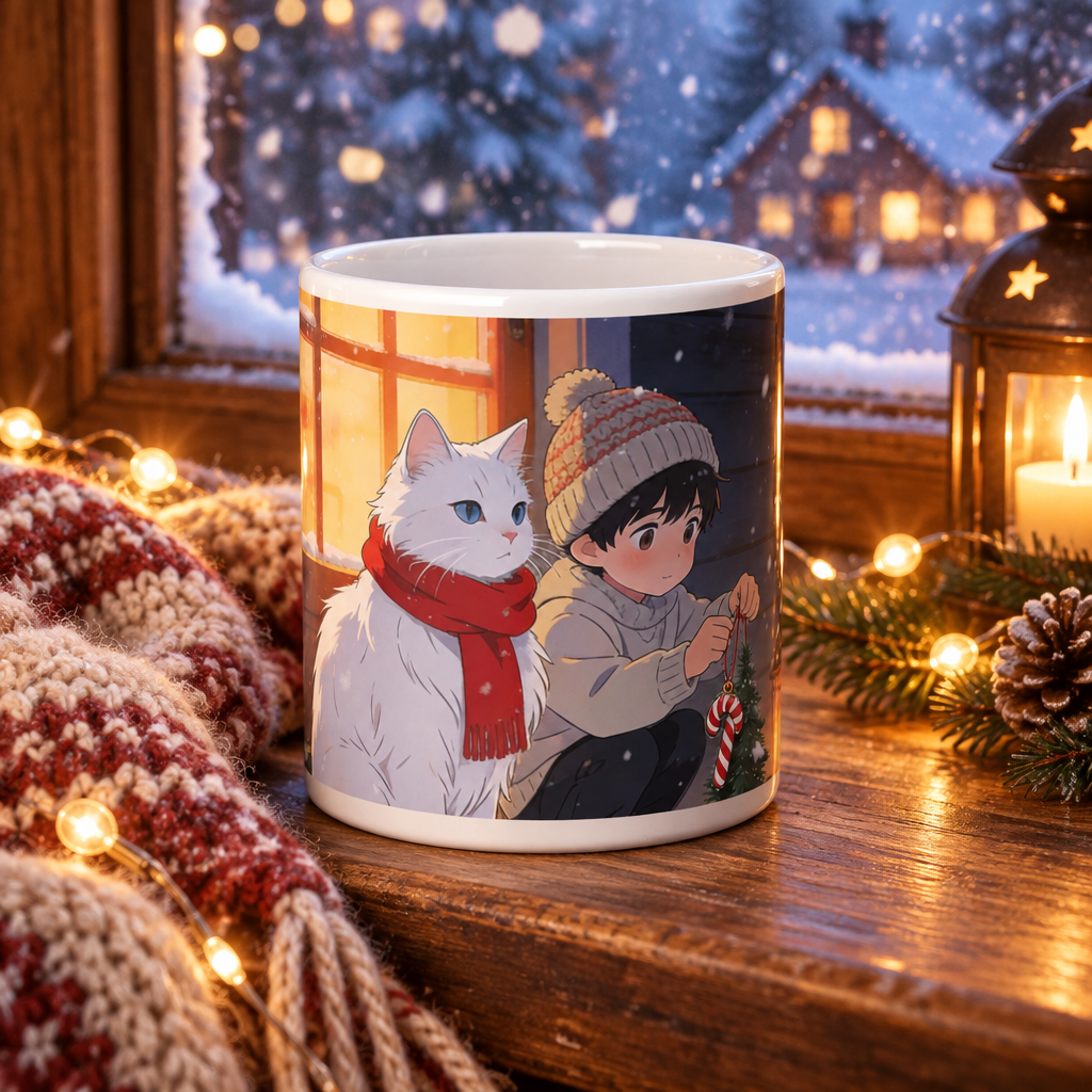 20 oz Christmas guardian-cat mug on a snowy winter windowsill with warm lights and a knitted scarf