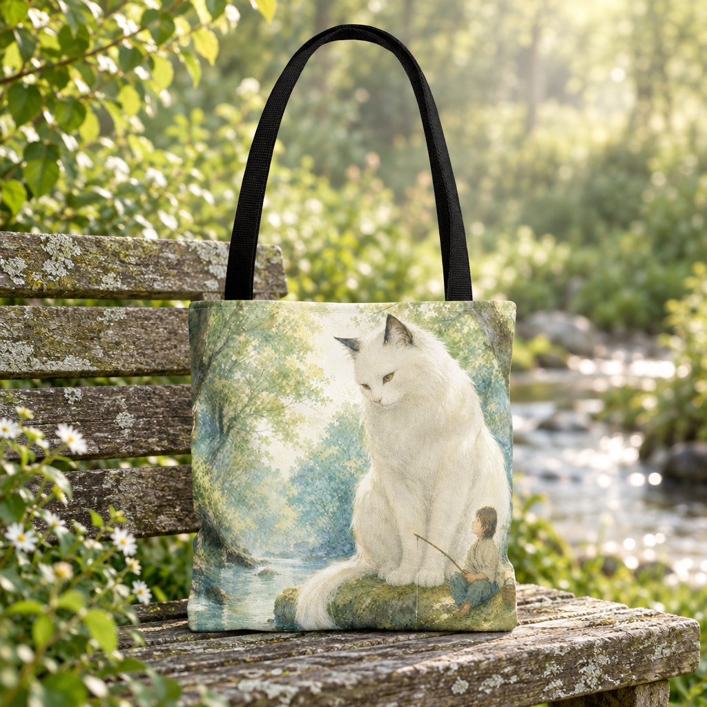 Canvas tote with the guardian cat and child by a stream artwork, displayed beside a garden stream.