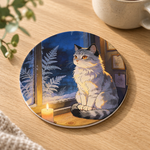 Round ceramic coaster on a pale oak tabletop, featuring a gray-and-white cat beside a frosty window and glowing candle.