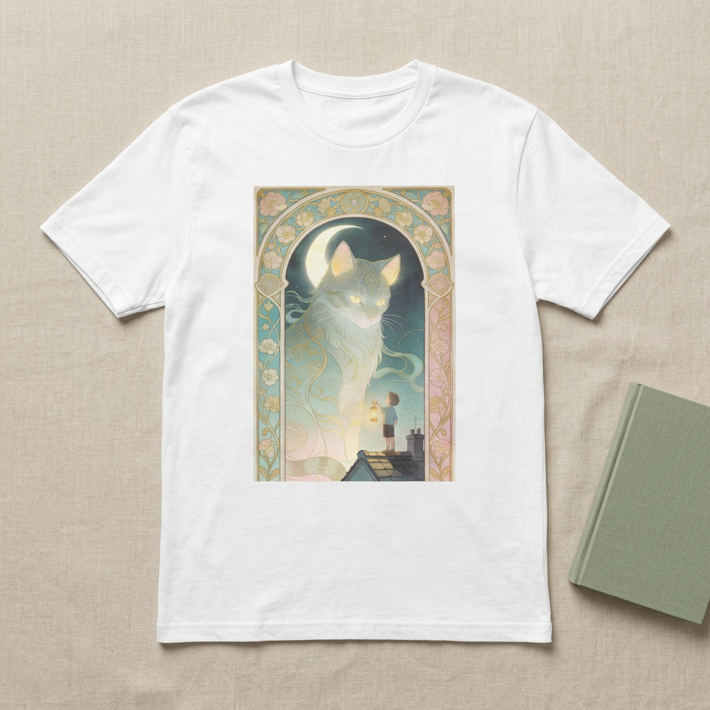 White T-shirt featuring a luminous cat, crescent moon, and pastel Art Nouveau floral frame.