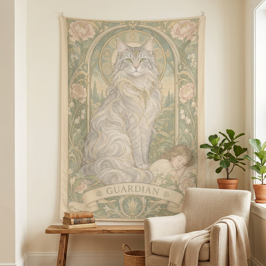 Lifestyle mockup of the Guardian Cat Art Nouveau tapestry displayed in a cozy reading nook.