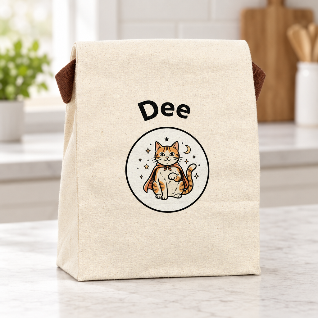 Natural canvas lunch bag on a countertop with black Dee lettering above an orange caped cat, stars, and crescent moon emblem.