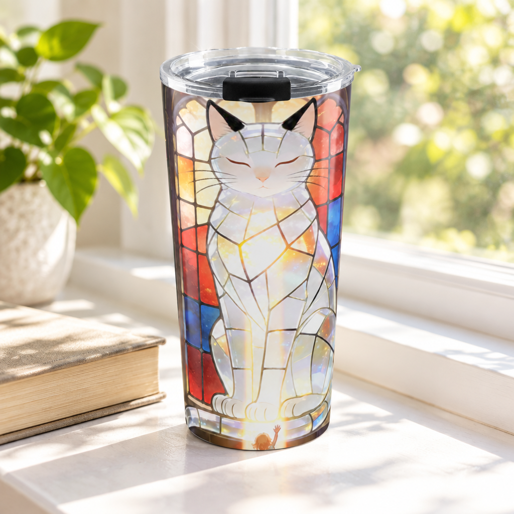 20 oz stainless steel tumbler with stained-glass-style cat artwork facing forward, clear lid, and bright window light.