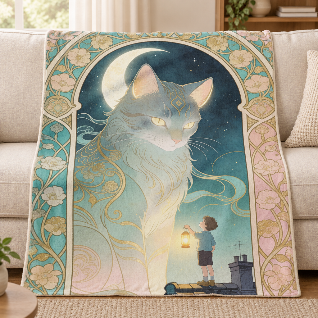 Fleece blanket draped over a cream sofa, featuring a guardian cat, crescent moon, and a boy holding a lantern.