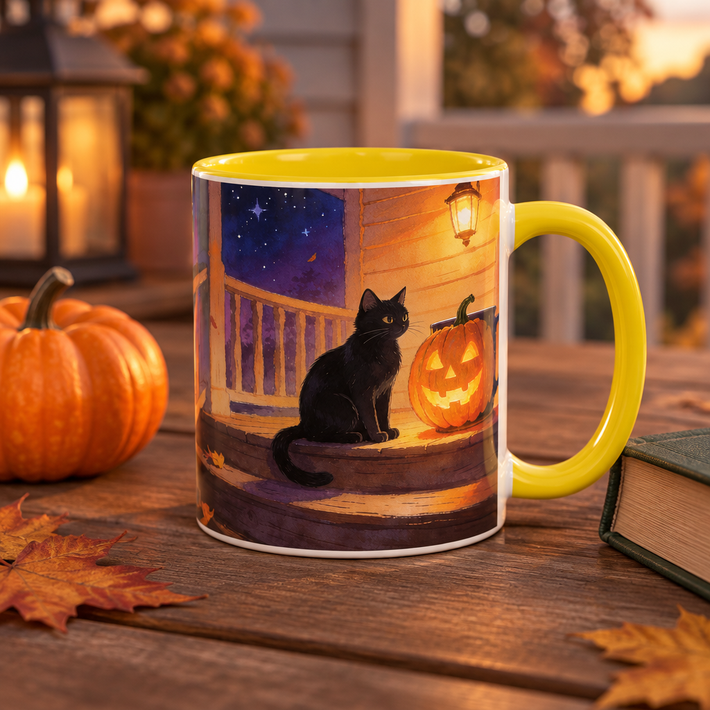 White accent mug with a black cat and jack-o'-lantern porch artwork, yellow interior and handle.