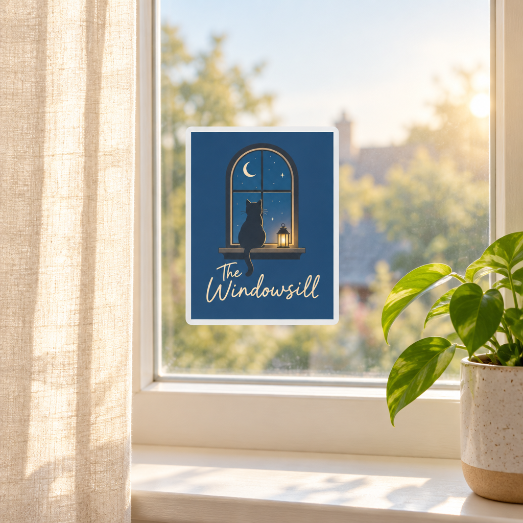 Moonlit cat sticker with The Windowsill lettering, applied to a window in bright morning light.