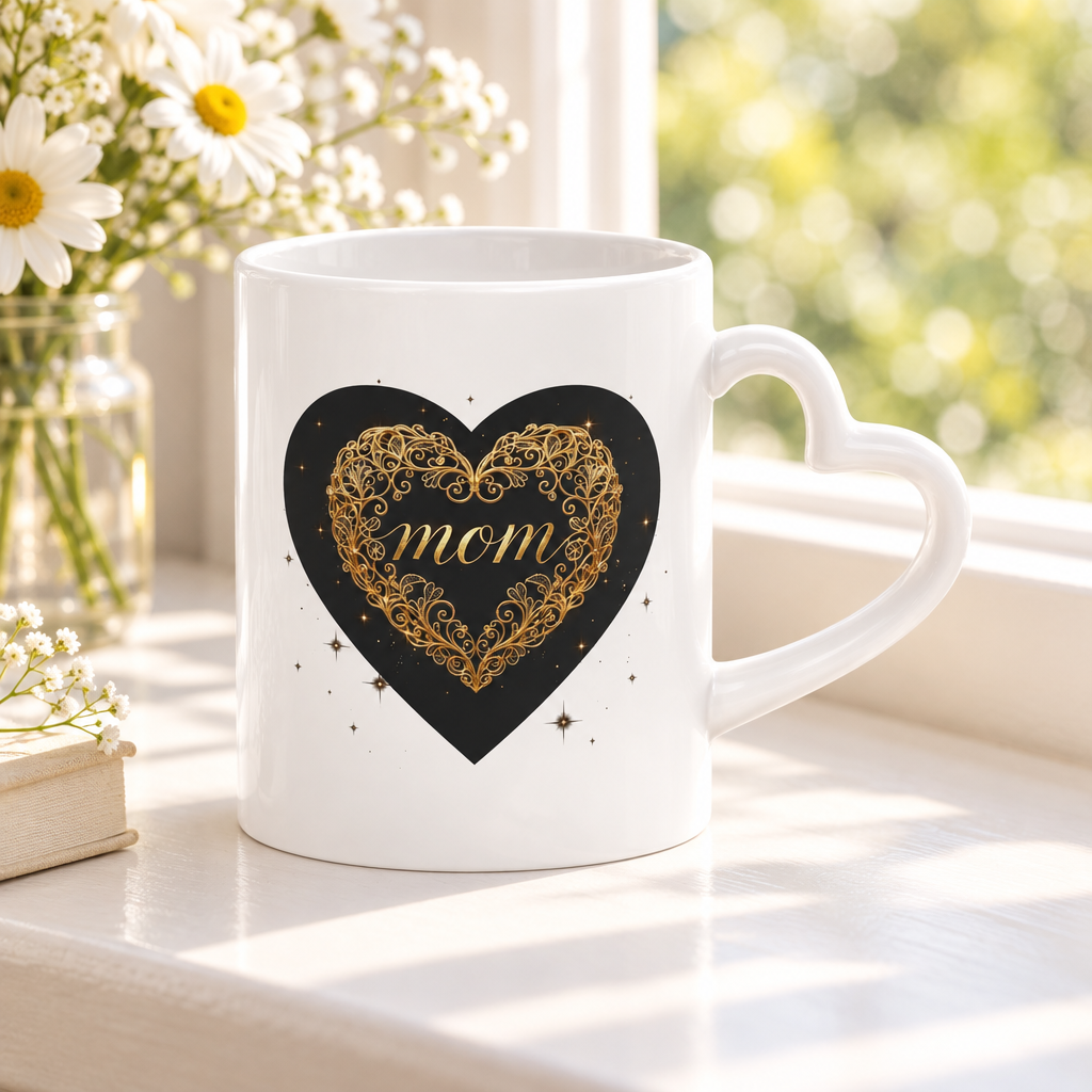 White ceramic mug with gold filigree heart and Mom lettering on a sunny windowsill.