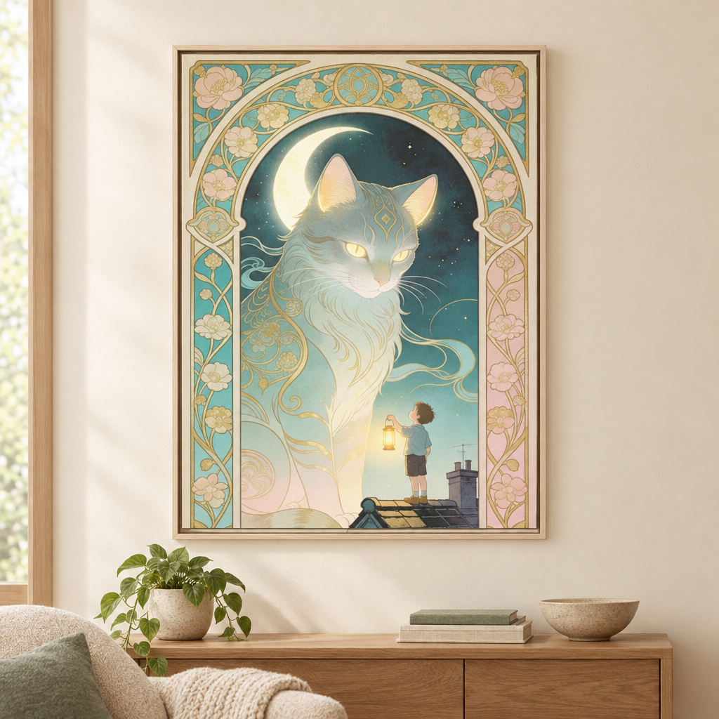 Framed cat canvas on a cream wall above a wooden console, depicting a crescent moon and rooftop boy holding a lantern.