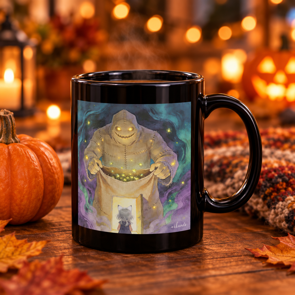 Ceramic Halloween mug with a monster and trick-or-treat artwork beside pumpkins.