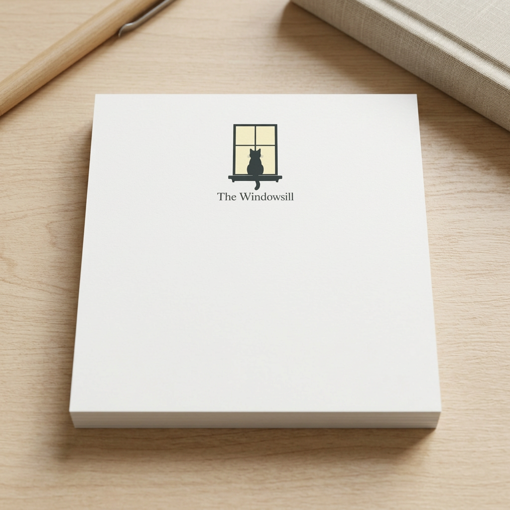White Windowsill Post-it note pad with a cat-on-window logo on a light wood desk.