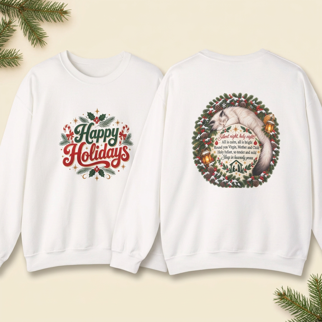 White Christmas crewneck sweatshirt shown front and back with Happy Holidays lettering and a sleeping cat Silent Night wreath design