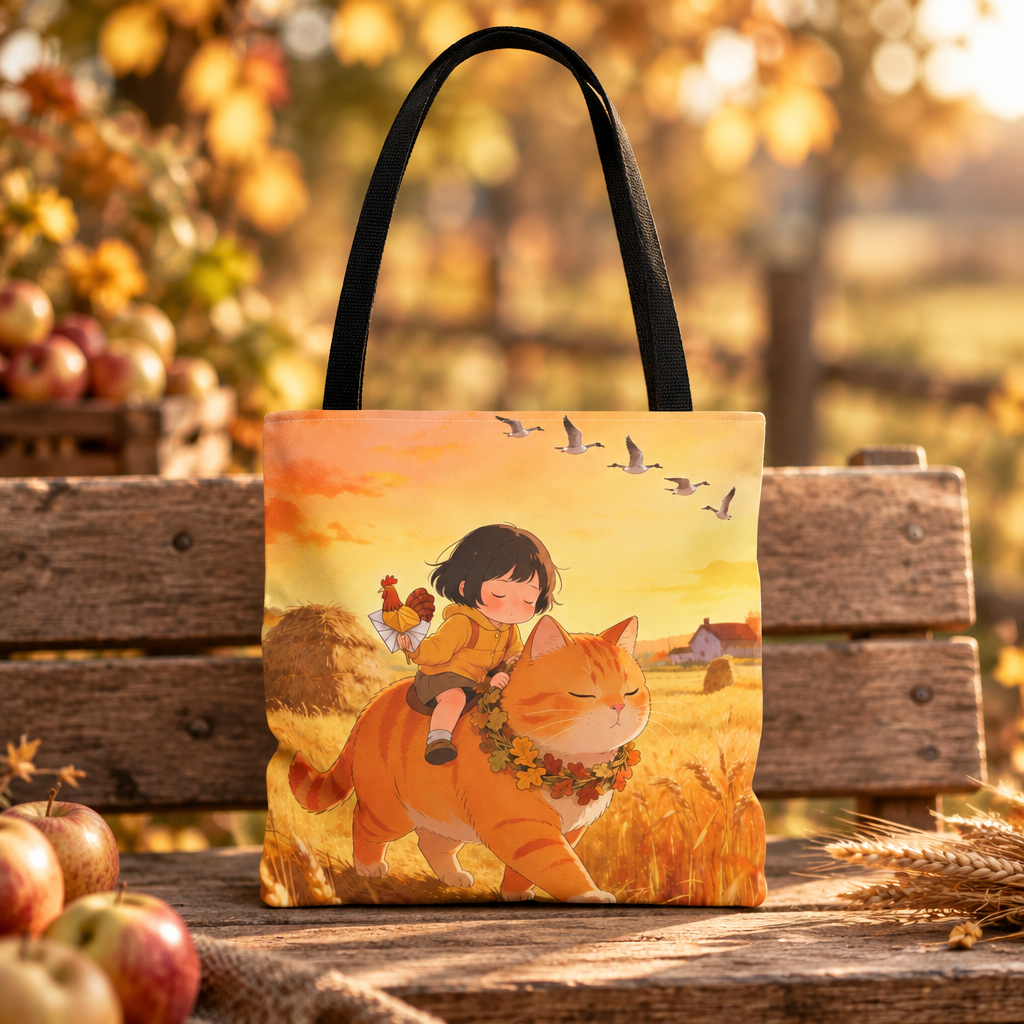 Canvas tote with the Harvest Watch guardian cat and child artwork, shown at an autumn market in golden-hour light.