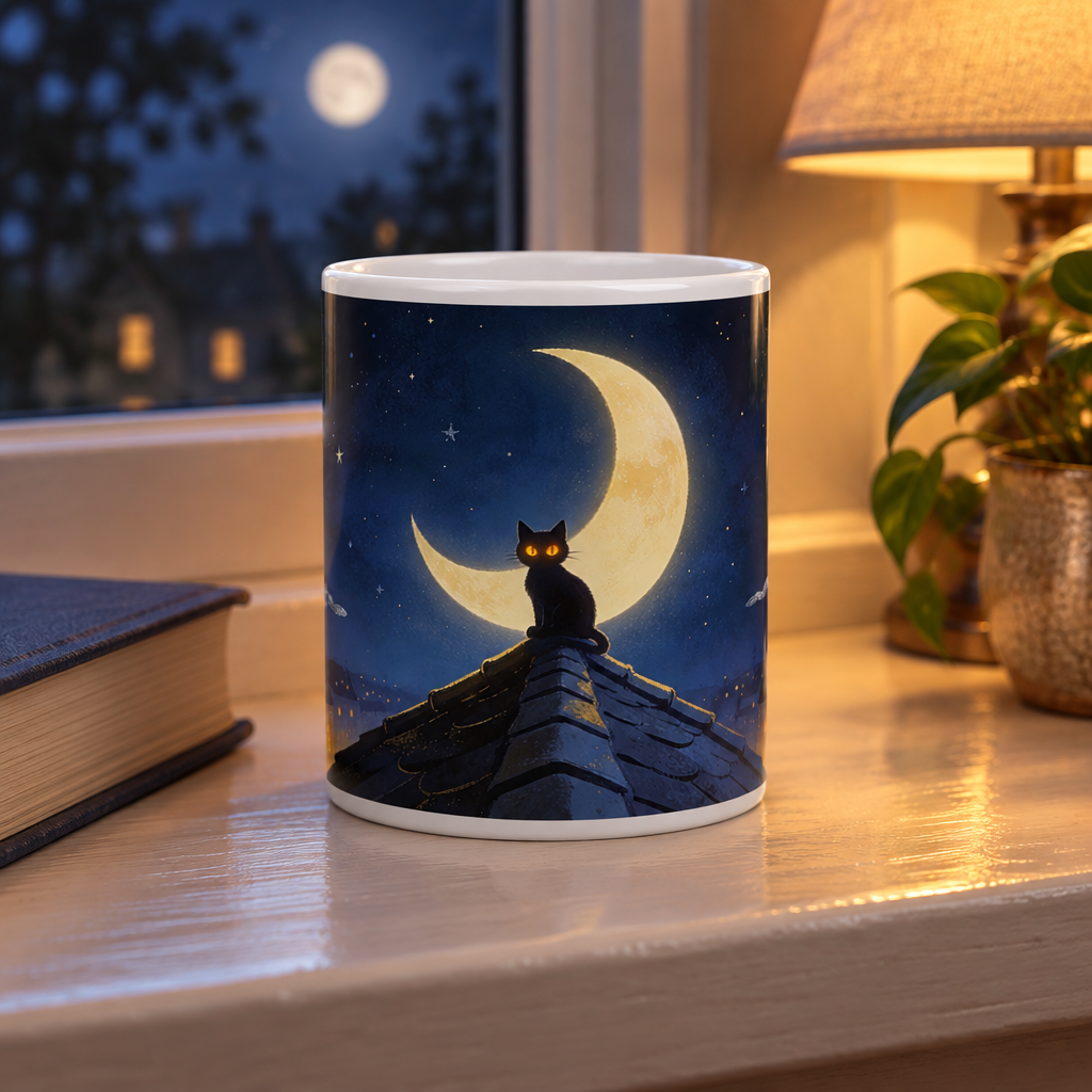 White ceramic mug with a moonlit cat-on-the-sill illustration facing forward, handle behind the mug.