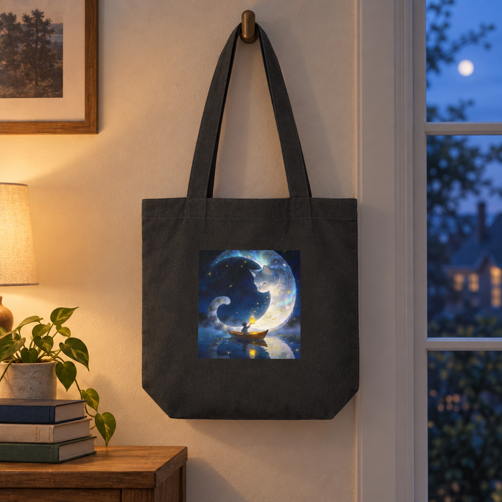Black cotton tote with a moonlit guardian-cat illustration, hanging beside a window at dusk.