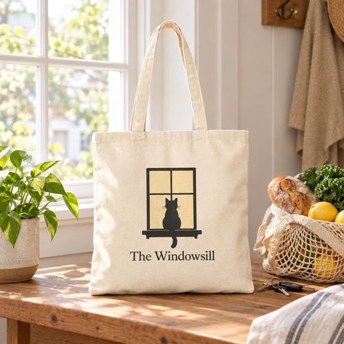 Natural canvas tote with a black cat-in-a-window illustration, styled by a bright home window.