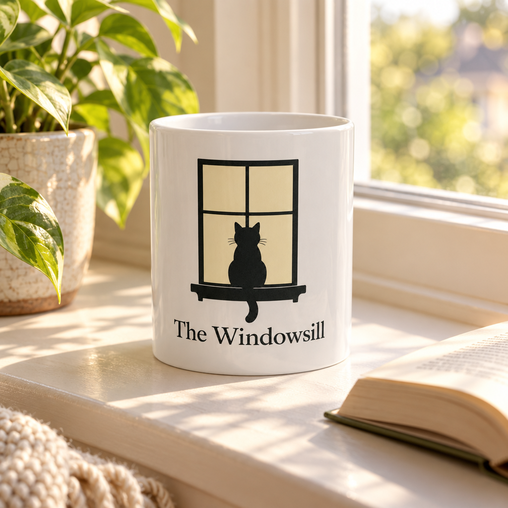 The Windowsill Cat ceramic mug on a sunlit windowsill beside a houseplant and open book