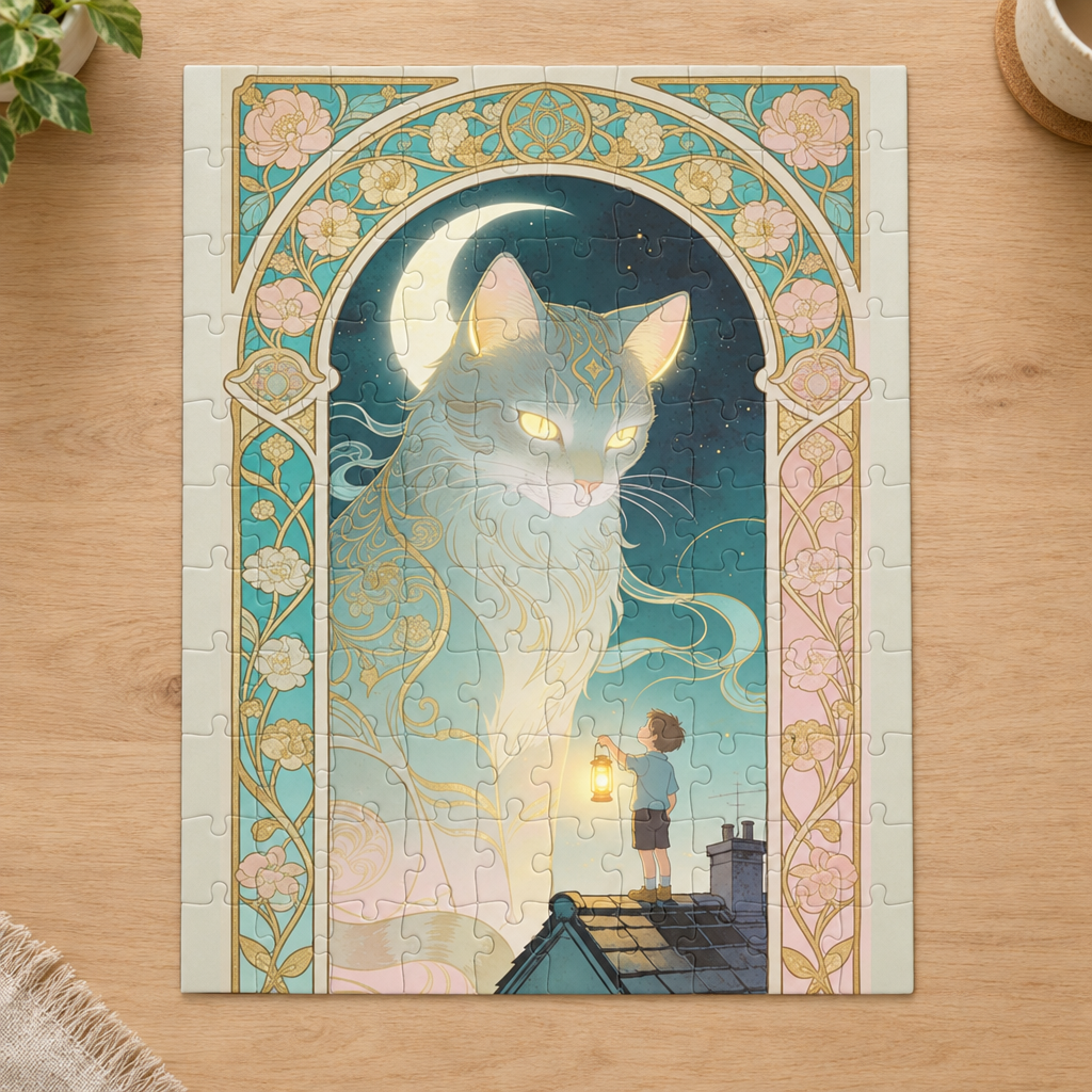 Assembled cat jigsaw puzzle on a wooden table, featuring a crescent moon, floral arch, and rooftop boy holding a lantern.