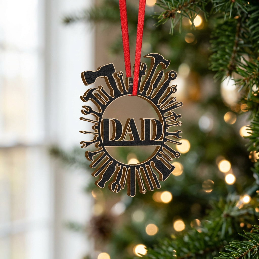 DAD wooden ornament with a dark tool-sunburst design and gold-colored outlines hanging from a red ribbon.