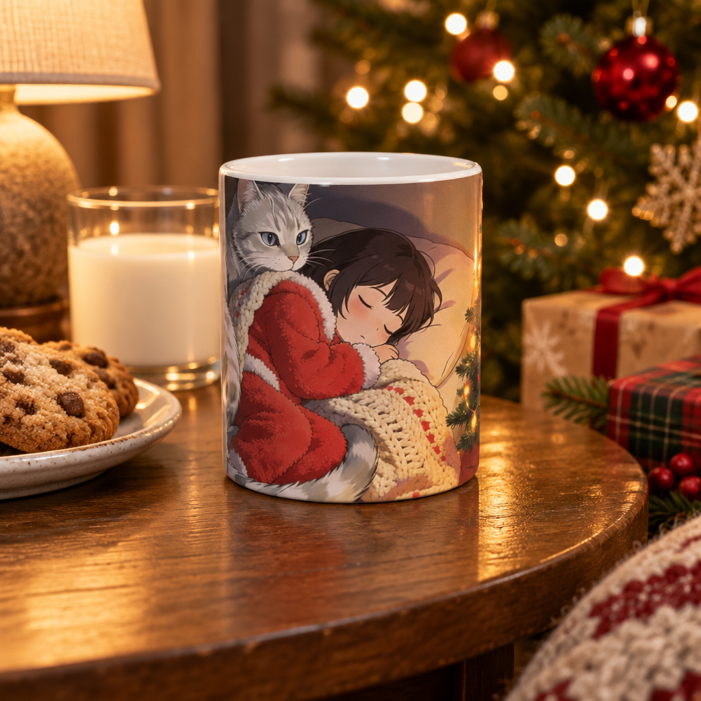 Christmas guardian-cat mug beside cookies and a glass of milk, with a lit Christmas tree