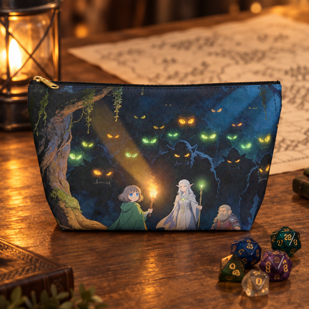 T-bottom zipper pouch with fantasy adventure artwork, with polyhedral dice placed separately on the table.