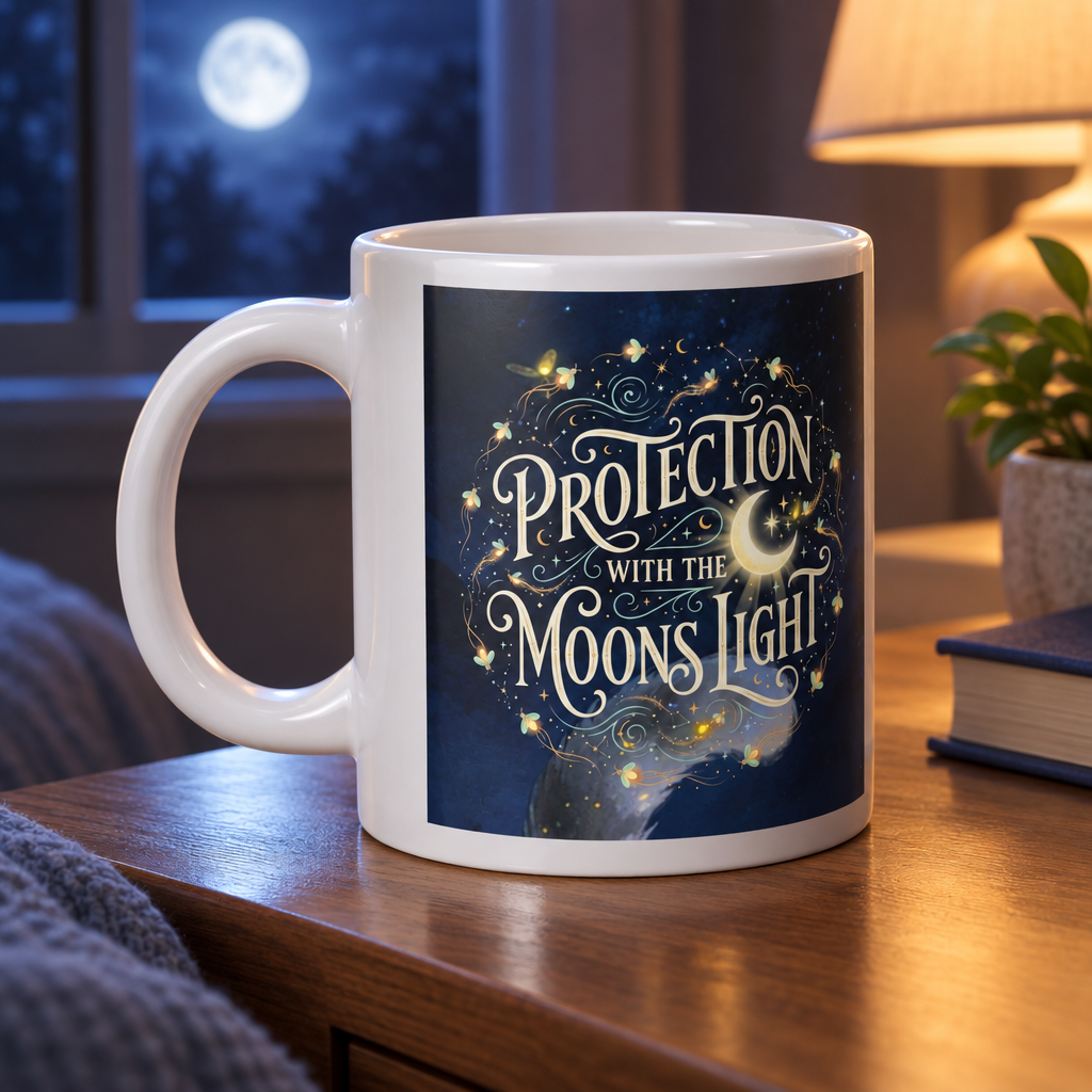 White 20 oz mug with Moon Guardian night-sky artwork on a bedside table.