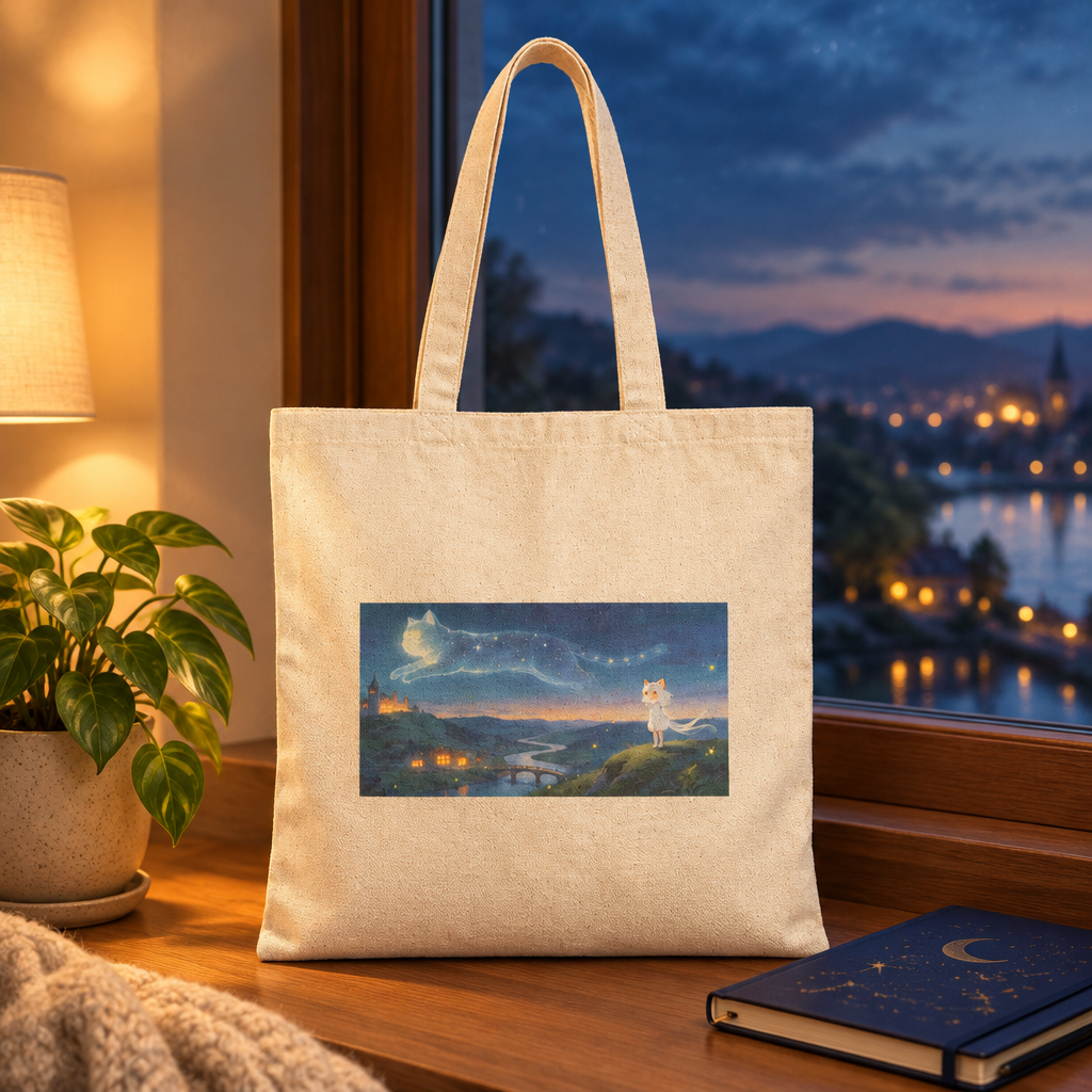 Natural canvas tote with a moonlit cat-and-stars illustration, shown beside a window at dusk.