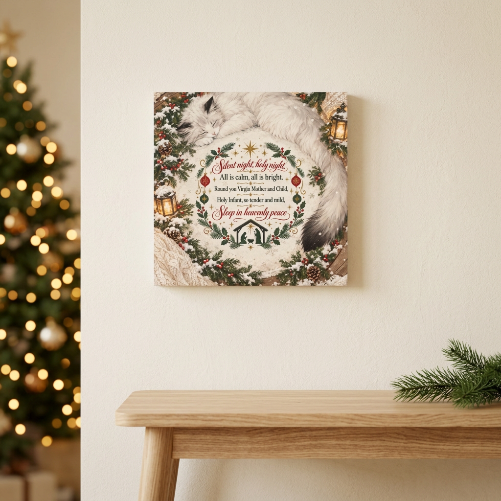 Square canvas wall art featuring a sleeping white cat, Silent Night lyrics, evergreen branches, lanterns, and a small nativity silhouette.