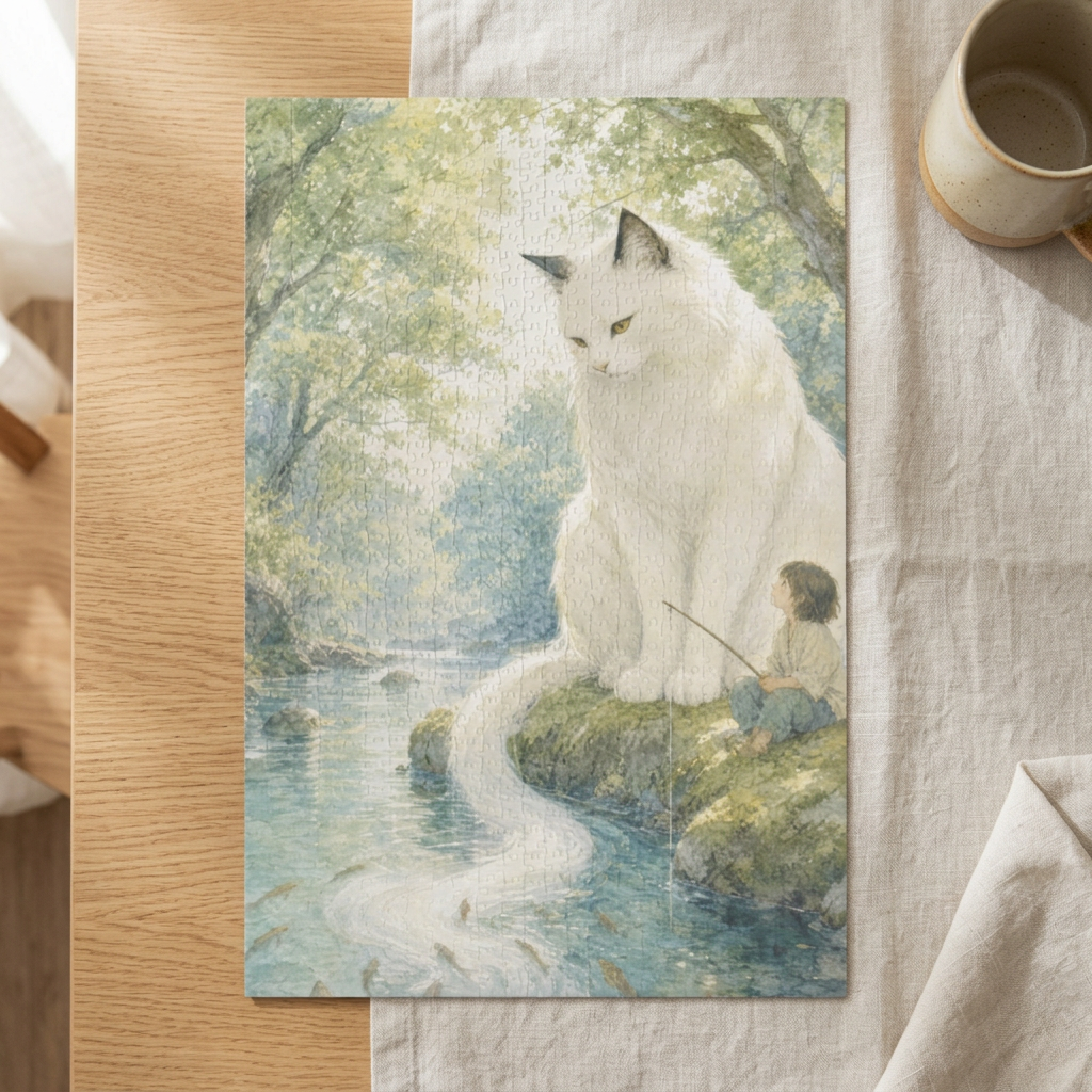 Assembled vertical jigsaw puzzle showing a white guardian cat beside a child fishing at a woodland stream on a light wooden table.