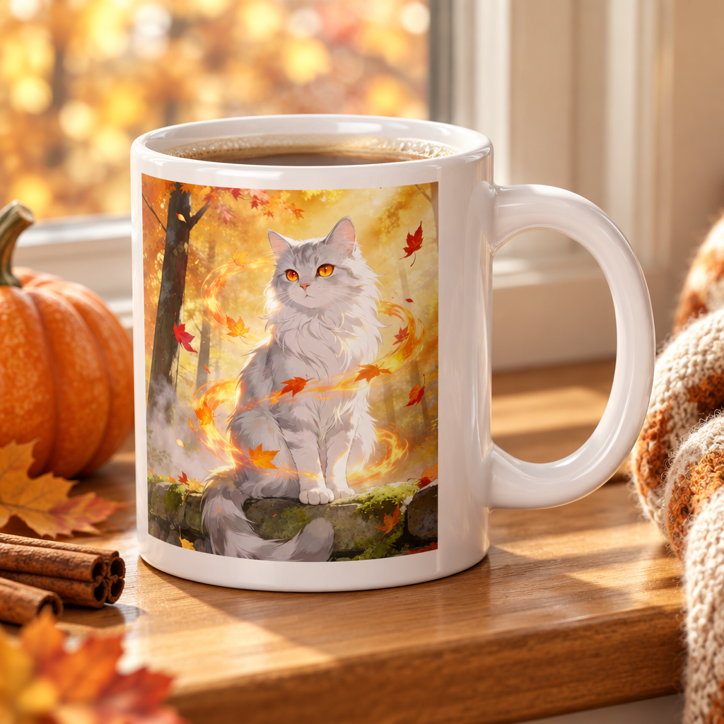 White 20 oz mug with a cat and autumn leaves on a warm windowsill.