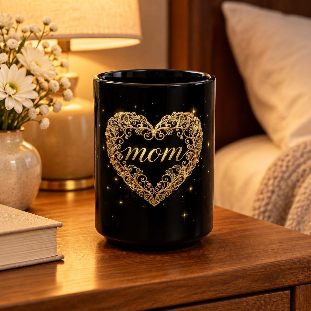 Black ceramic mug with gold filigree heart and Mom design on a wooden bedside table.
