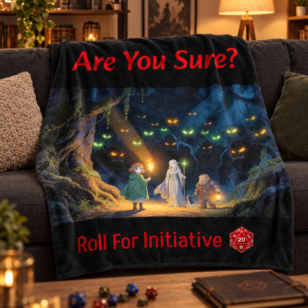 Velveteen throw with lantern-lit fantasy adventure artwork and Are You Sure? and Roll For Initiative lettering, draped over a sofa.