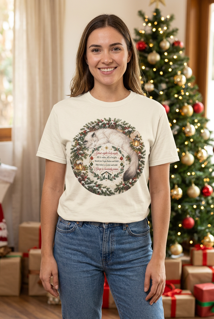 Silent Night Carol — Christmas Cat Tee (All I Want for Christmas Is You)