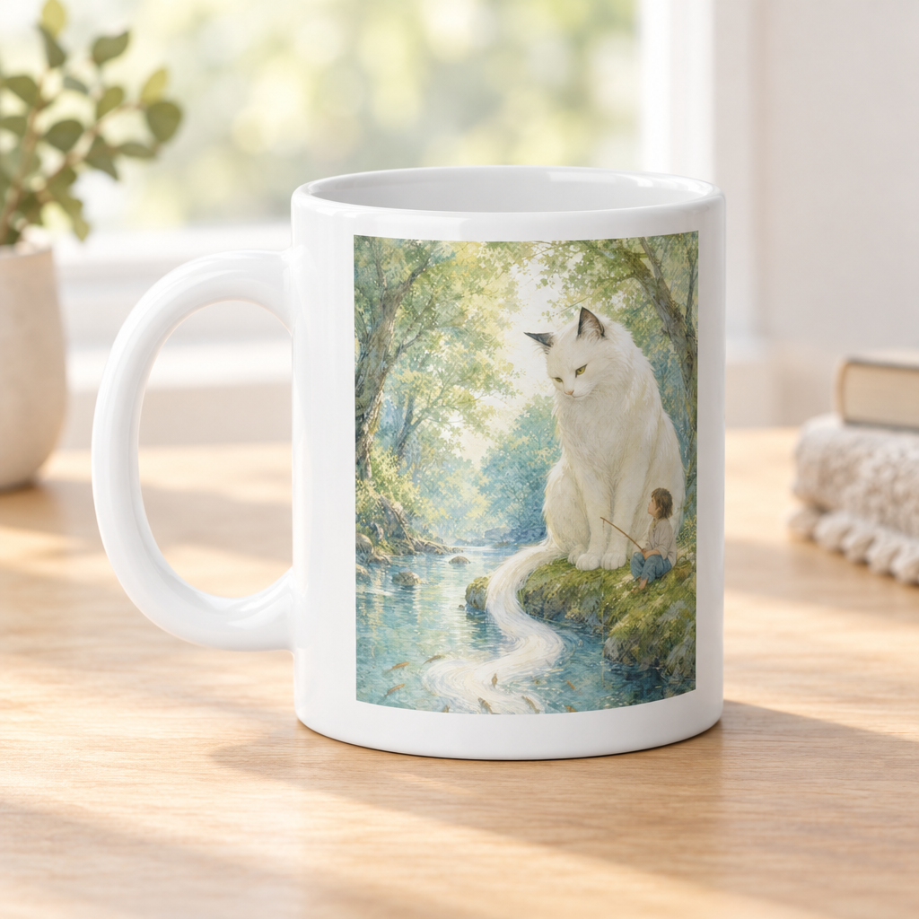 White 20 oz mug with child and guardian cat by a quiet stream.