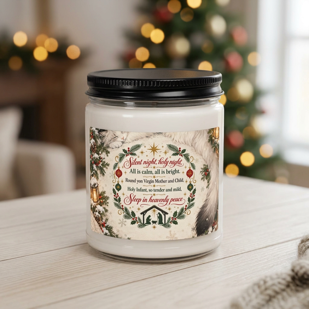 Glass candle jar with a black lid and Silent Night label featuring a sleeping white cat, greenery, and a small nativity silhouette.