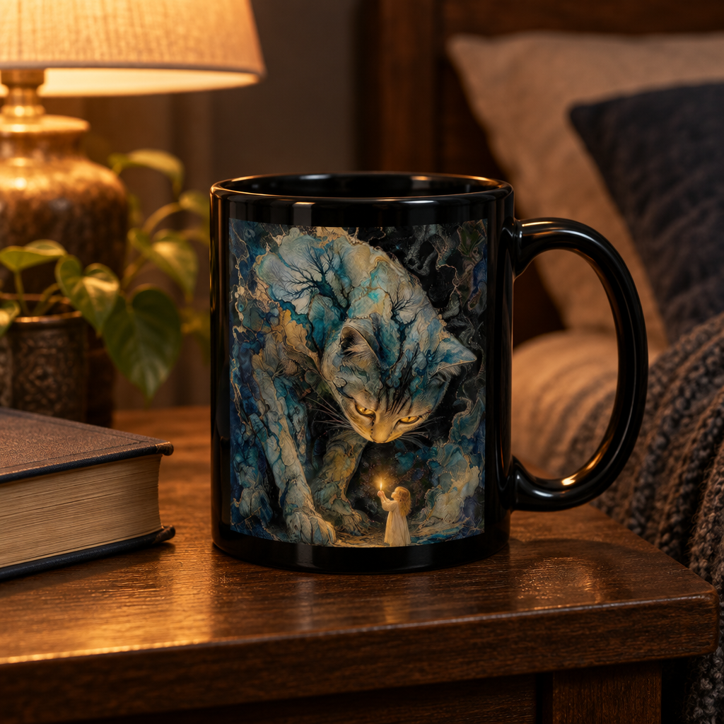 Glossy black mug with mystical cat-and-candle artwork beside a book in a warm reading nook.