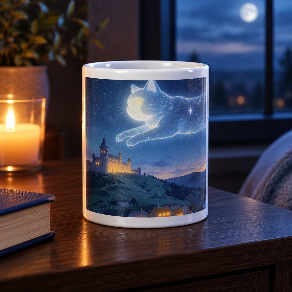 White ceramic mug with celestial cat artwork facing forward on a night table, handle behind the mug.