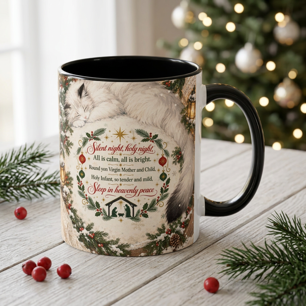 Black-accent ceramic mug with a sleeping white cat, Silent Night lyrics, evergreen wreath, and small nativity silhouette.