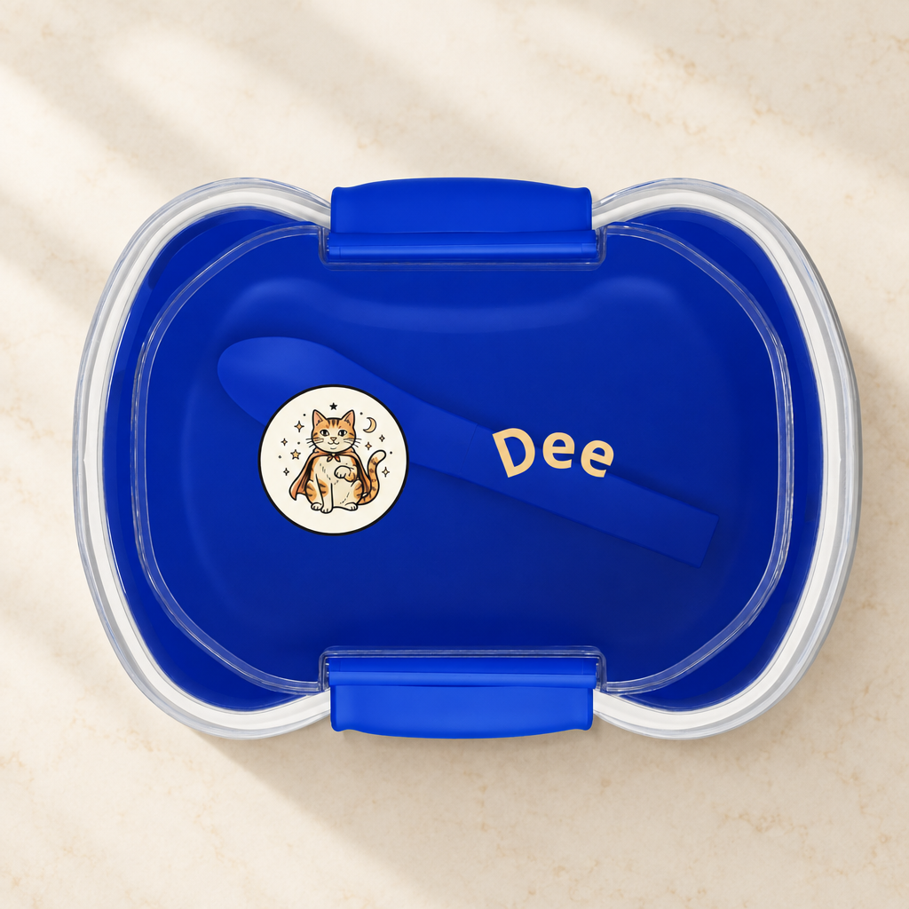 Blue lunch box on a light countertop with a celestial cat emblem and pale gold Dee lettering.