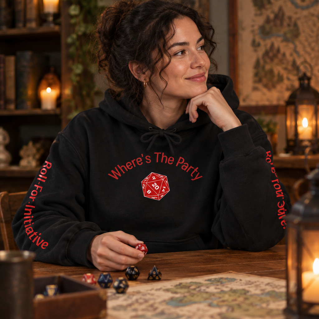 Adult wearing a black hoodie with a red D20 chest graphic and red sleeve lettering at a tabletop game night.