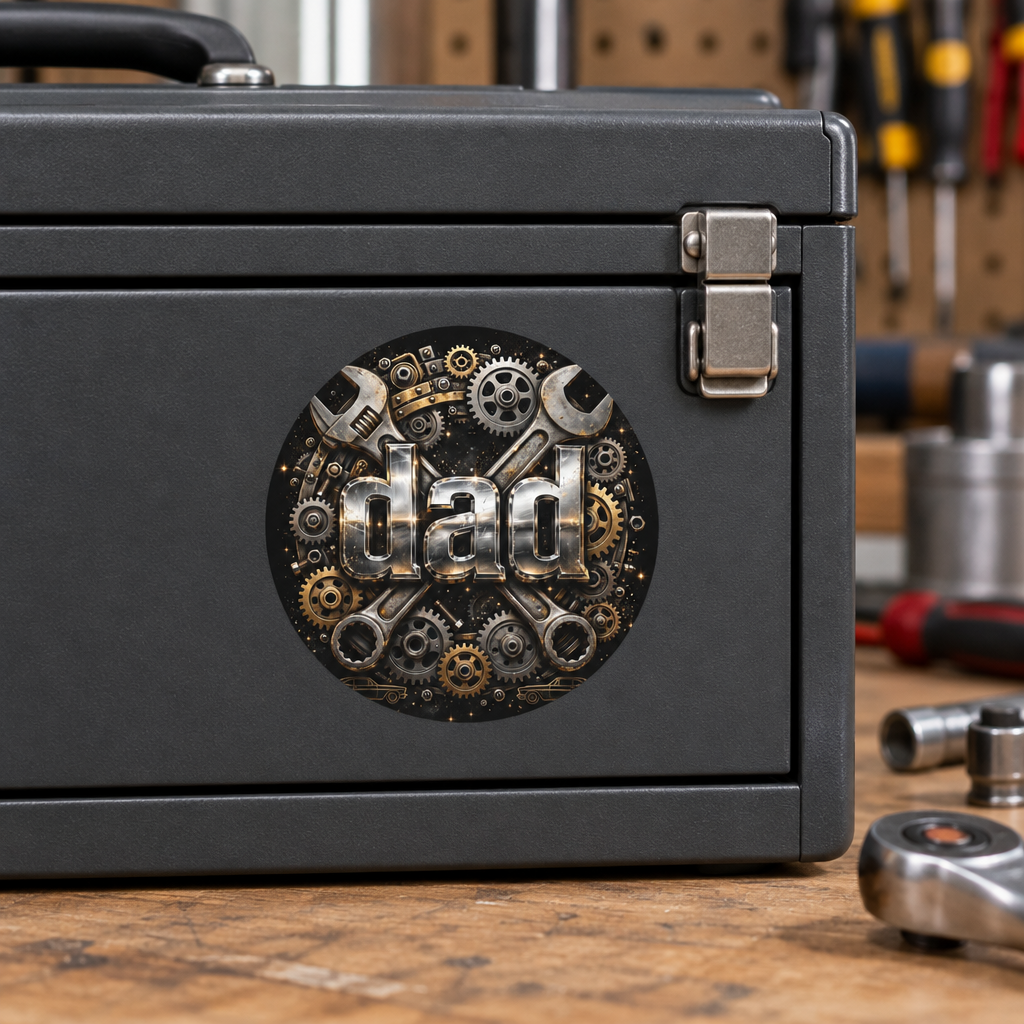Round sticker with metallic dad lettering and wrench-and-gear artwork, applied to a dark mechanic toolbox.