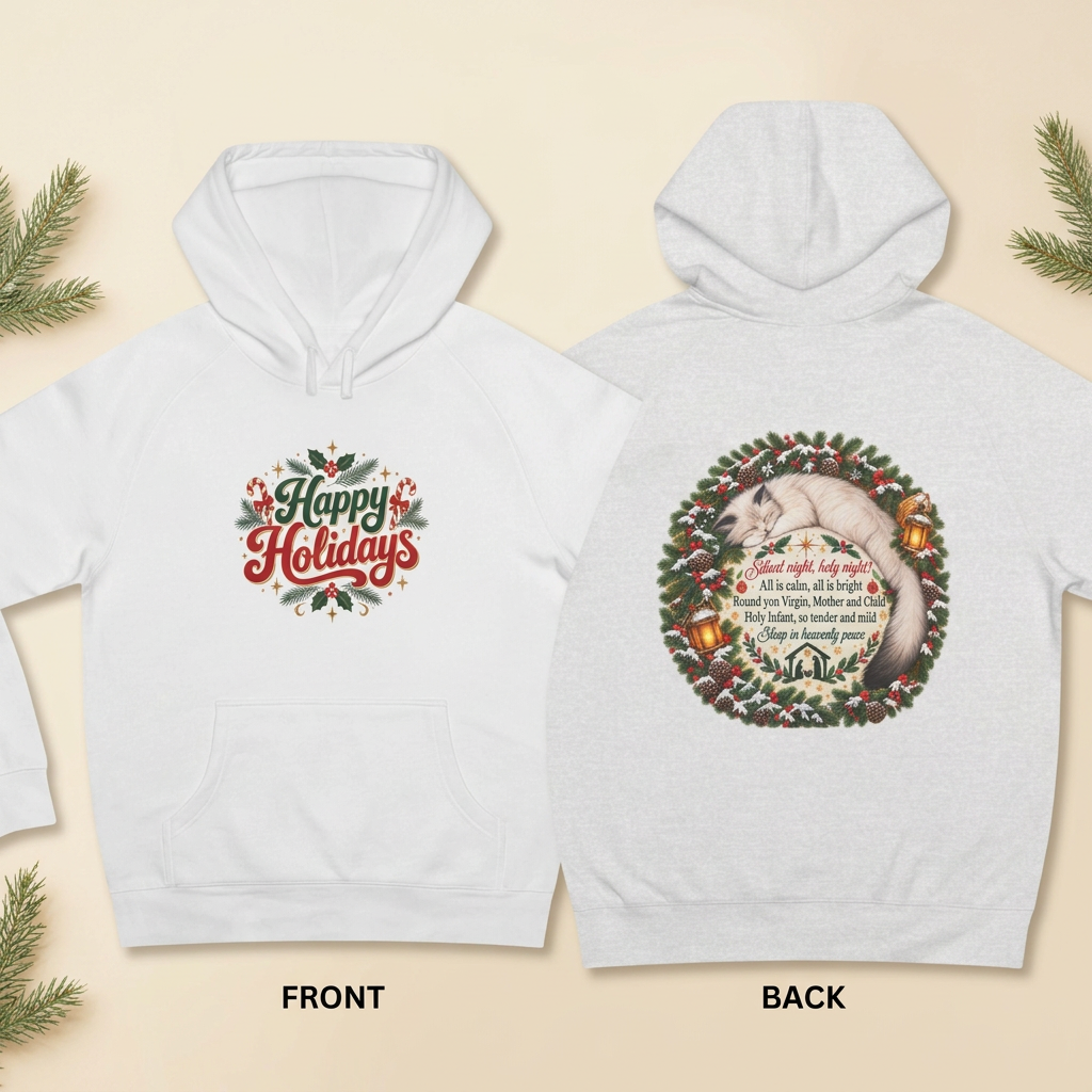 White Christmas cat hoodie shown front and back with Happy Holidays lettering and sleeping cat Silent Night wreath artwork