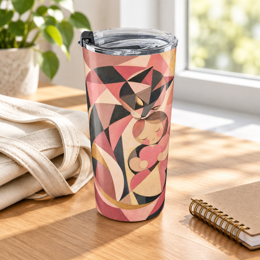 20 oz stainless steel tumbler with geometric heart artwork and a clear lid on a sunlit table.