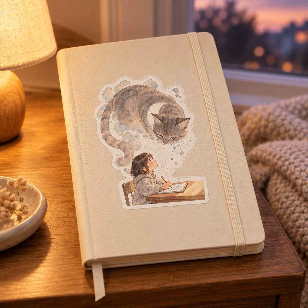 Kiss-cut child-and-cat illustration sticker on a cream notebook beside a softly lit window.