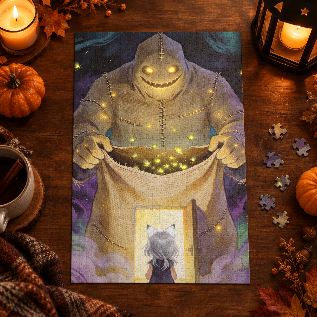 Completed Halloween monster and cat doorway puzzle on a table with a few loose puzzle pieces and autumn decor.