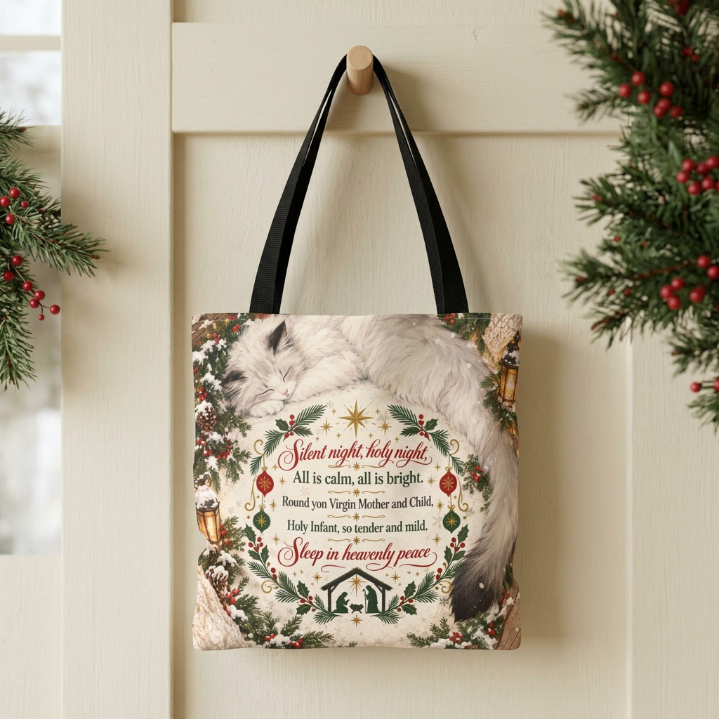 Black-handle tote featuring a sleeping white cat, Silent Night lyrics, greenery, lanterns, and a small nativity silhouette.