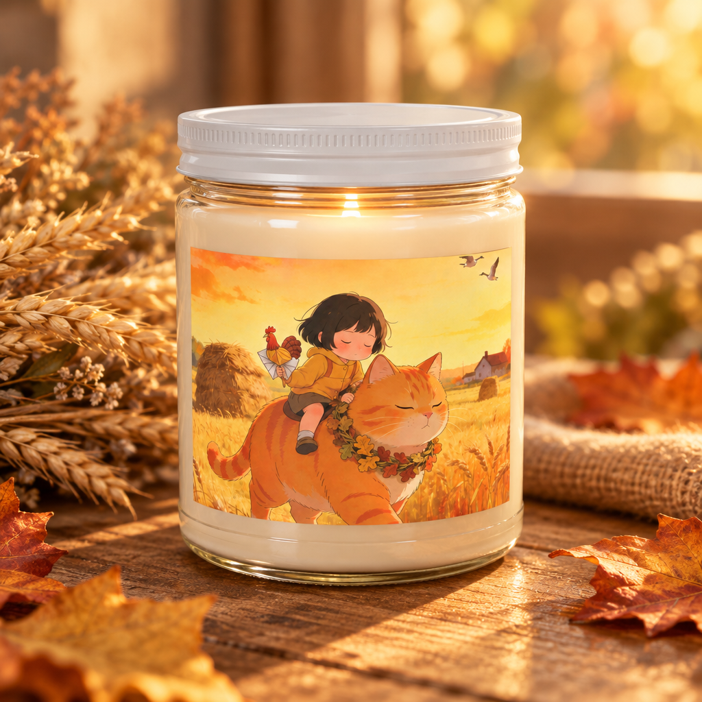 Harvest cat candle on a rustic table among wheat stalks and autumn leaves, in warm golden-hour light.