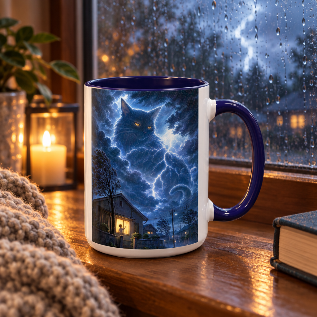 White accent mug with a lightning cat and storm artwork on a rainy windowsill.