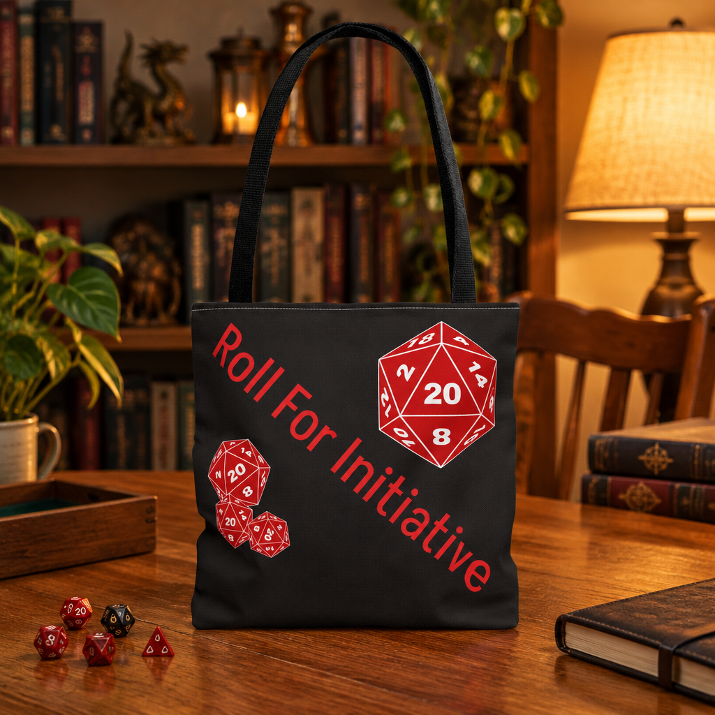 Black tote featuring the Roll For Initiative red d20 artwork, shown on a warm tabletop game-night table.