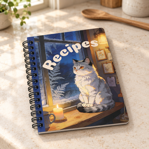 Spiral recipe notebook on a kitchen counter, with Recipes lettering and a cat beside a frosty window on the cover.